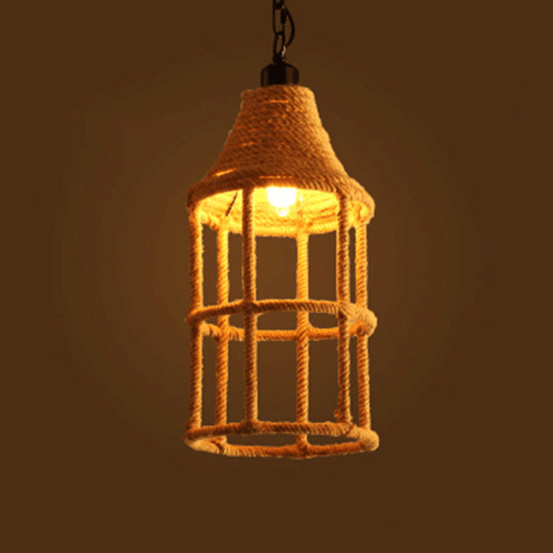 1 Light Geometric Pendant Light Kit Industrial Beige Natural Rope Hanging Lighting for Dining Room