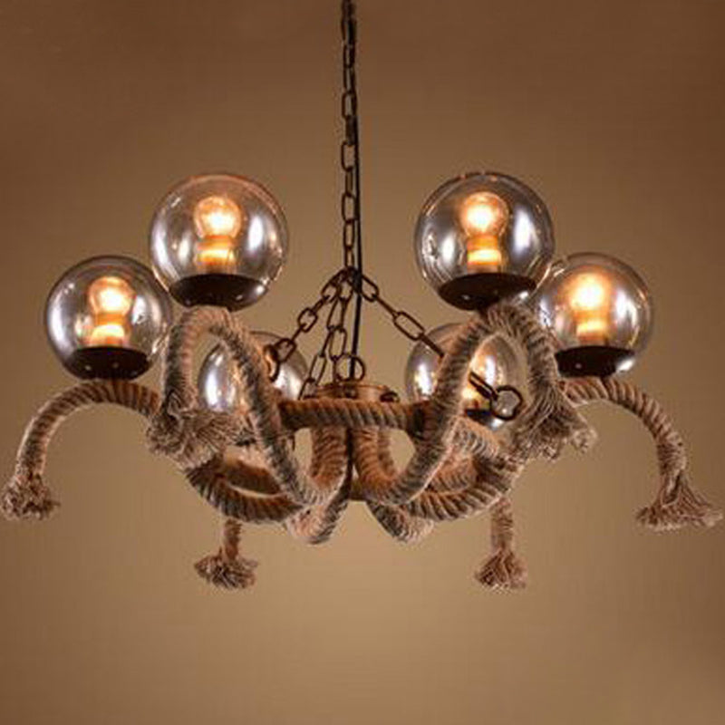 6 Heads Hanging Chandelier Farmhouse Dining Room Rope Pendant Lamp with Orb Smokey Glass Shade in Beige