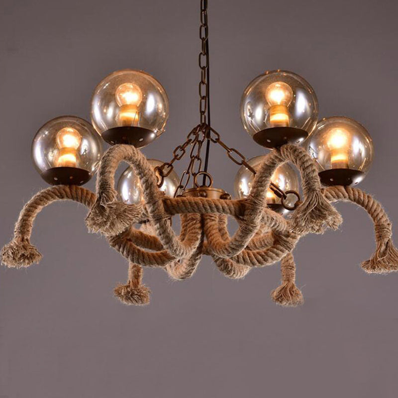 6 Heads Hanging Chandelier Farmhouse Dining Room Rope Pendant Lamp with Orb Smokey Glass Shade in Beige