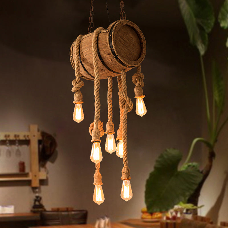 Bucket Restaurant Drop Pendant Factory Wood Beige Chandelier Light Fixture with Rope Cord