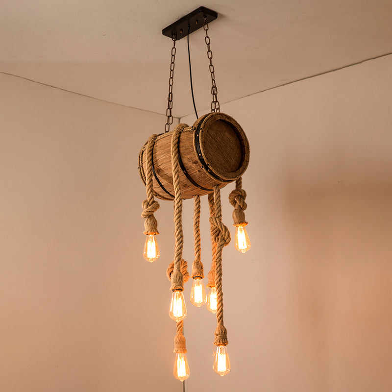 Bucket Restaurant Drop Pendant Factory Wood Beige Chandelier Light Fixture with Rope Cord