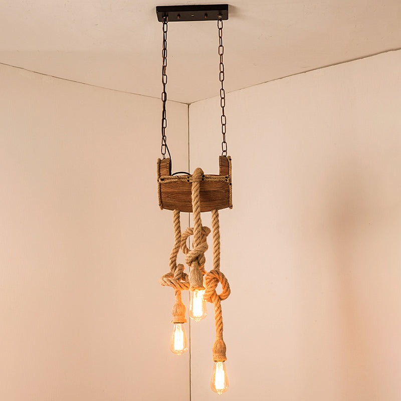 Bucket Restaurant Drop Pendant Factory Wood Beige Chandelier Light Fixture with Rope Cord