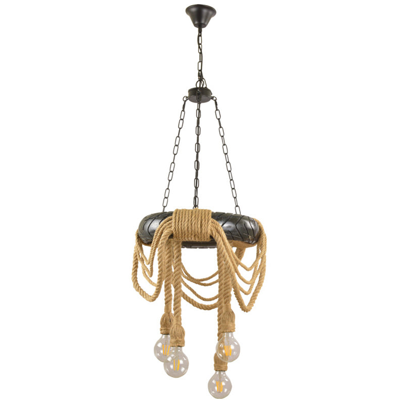 Beige 4 Heads Chandelier Lighting Farmhouse Rubber Tyre Pendant Light Fixture with Open Bulb and Rope Cord Design