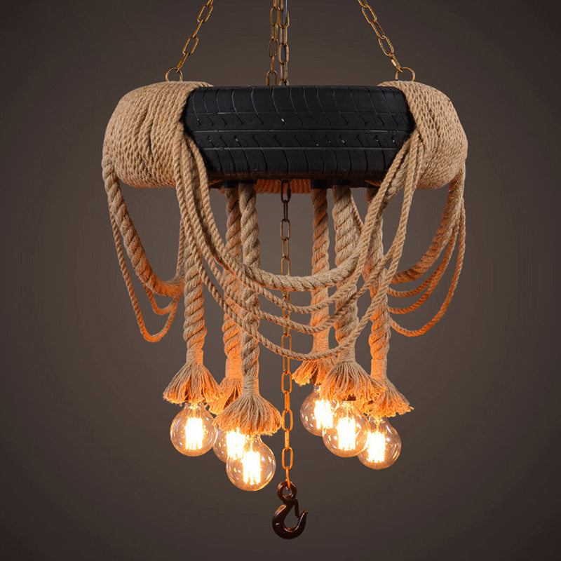 Black Tyre Hanging Chandelier Warehouse Rope 5 Lights Restaurant Suspension Pendant Light