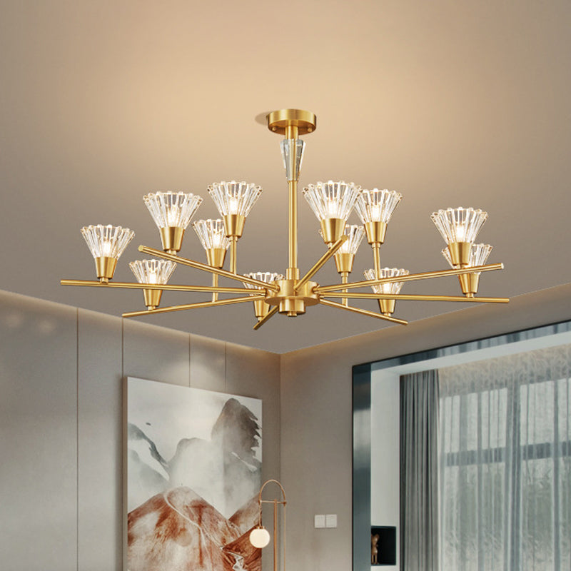 Brass Flower-Like Pendant Light Fixture Modern Clear Glass 6/8/12 Heads Living Room Up Chandelier