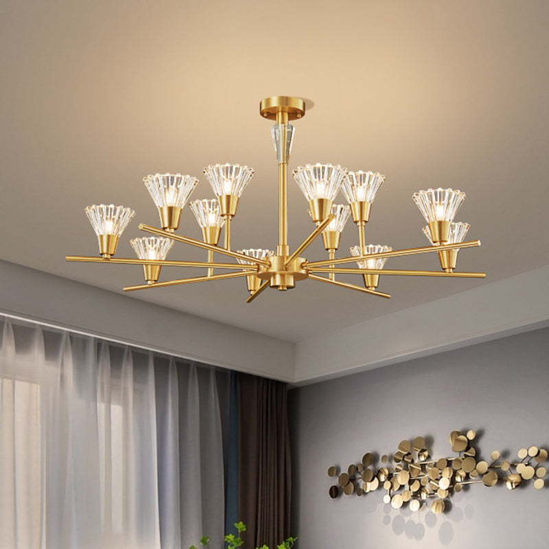 Brass Flower-Like Pendant Light Fixture Modern Clear Glass 6/8/12 Heads Living Room Up Chandelier