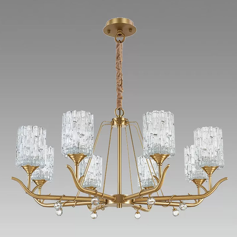 3/6/8-Light Hand-Blown Textured Glass Chandelier Postmodern Brass Cylinder Dining Room Hanging Ceiling Light