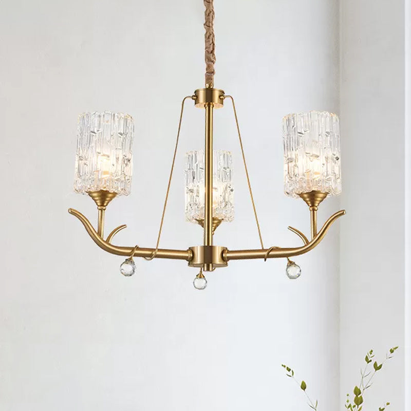 3/6/8-Light Hand-Blown Textured Glass Chandelier Postmodern Brass Cylinder Dining Room Hanging Ceiling Light