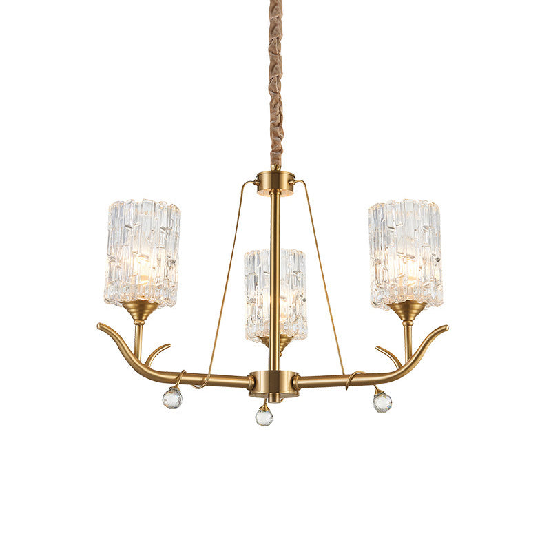 3/6/8-Light Hand-Blown Textured Glass Chandelier Postmodern Brass Cylinder Dining Room Hanging Ceiling Light