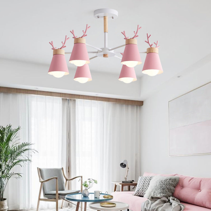 Barrel Semi Flush Light Modern 6 Heads Metal Ceiling Lamp with Antler Design for Living Room