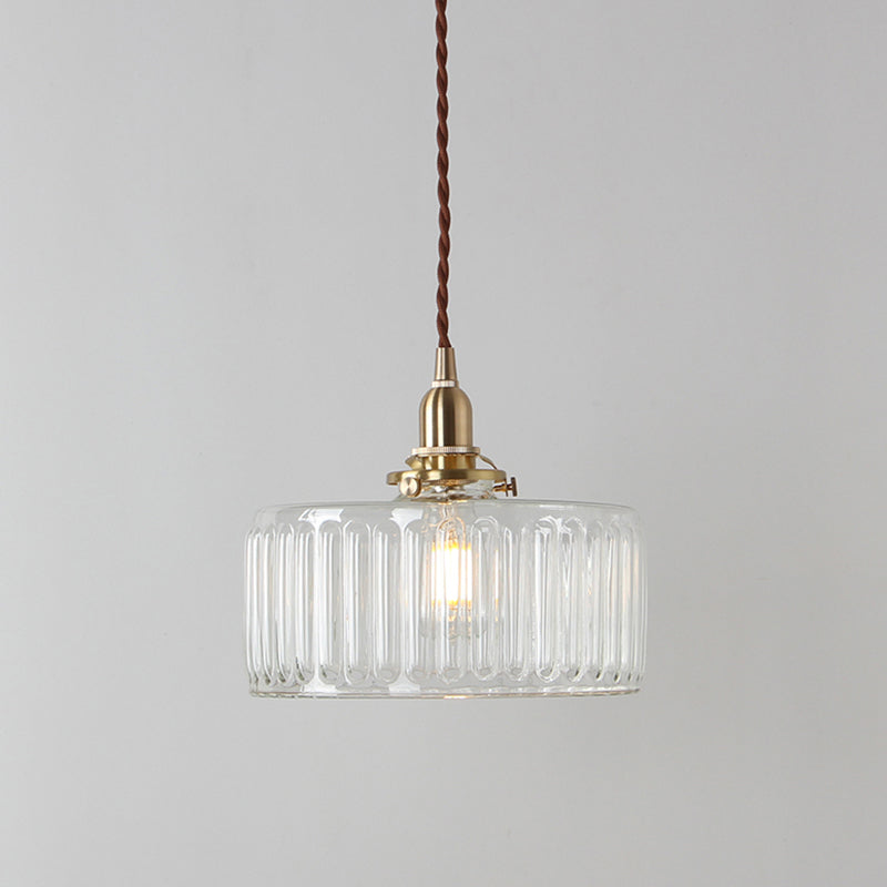 Clear Ribbed Glass Brass Pendulum Light Round 1 Head Warehouse Suspension Lamp