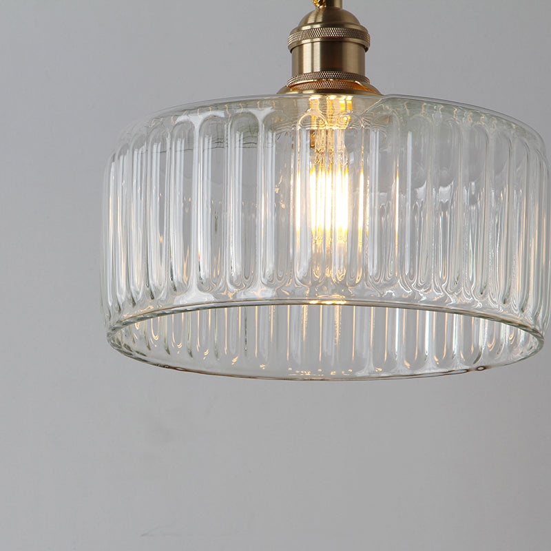 Clear Ribbed Glass Brass Pendulum Light Round 1 Head Warehouse Suspension Lamp