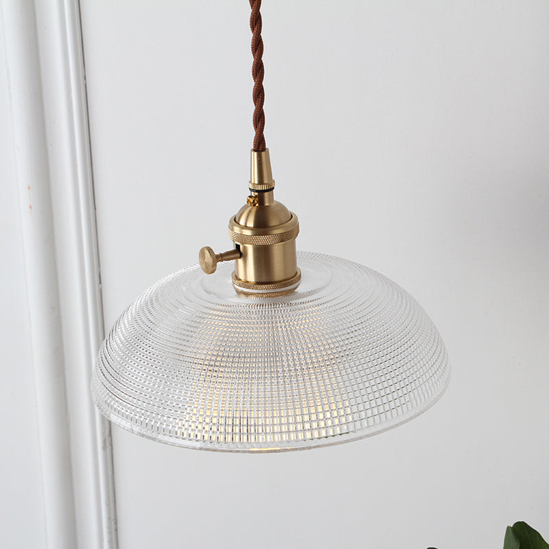 1-Bulb Hanging Lamp Farm Dining Room Pendant Lighting Fixture with Geometry Clear Lattice Glass Shade in Brass