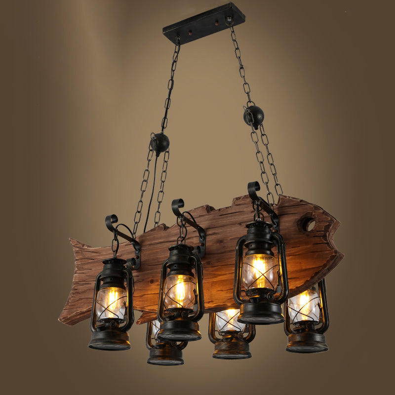 Black Kerosene Chandelier Light Coastal Clear Glass 6 Heads Restaurant Pendant Lighting with Wood Fish