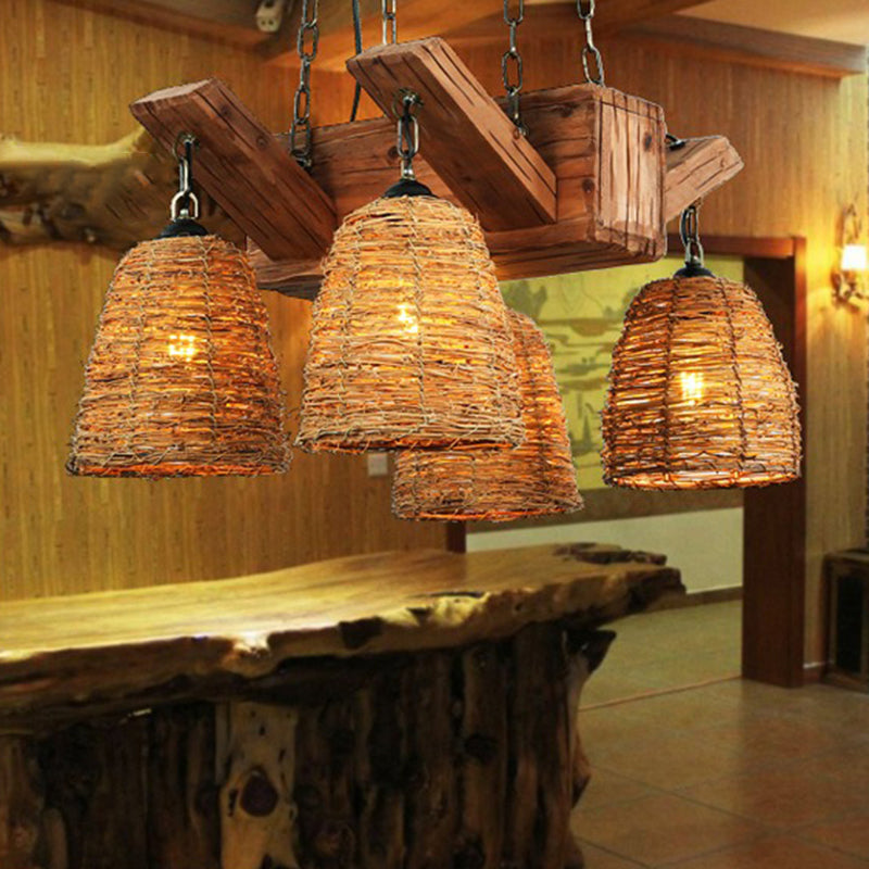 Rattan Wood Pendant Chandelier Bell Shade Industrial Hanging Light Fixture for Dining Room