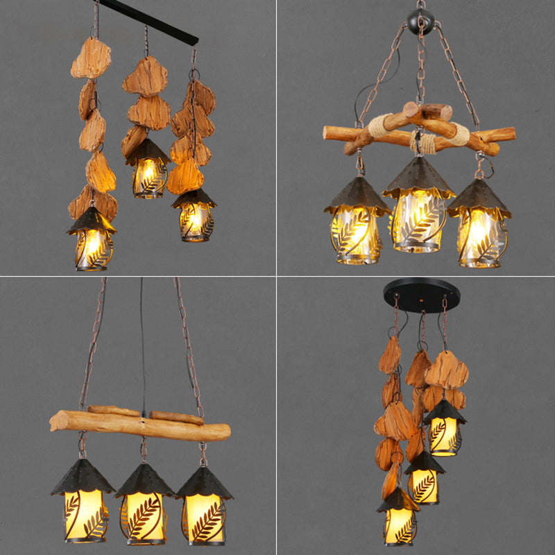 Nautical Lantern Ceiling Chandelier Clear Glass Pendant Light Kit with Leaf Pattern in Wood