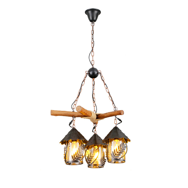 Nautical Lantern Ceiling Chandelier Clear Glass Pendant Light Kit with Leaf Pattern in Wood