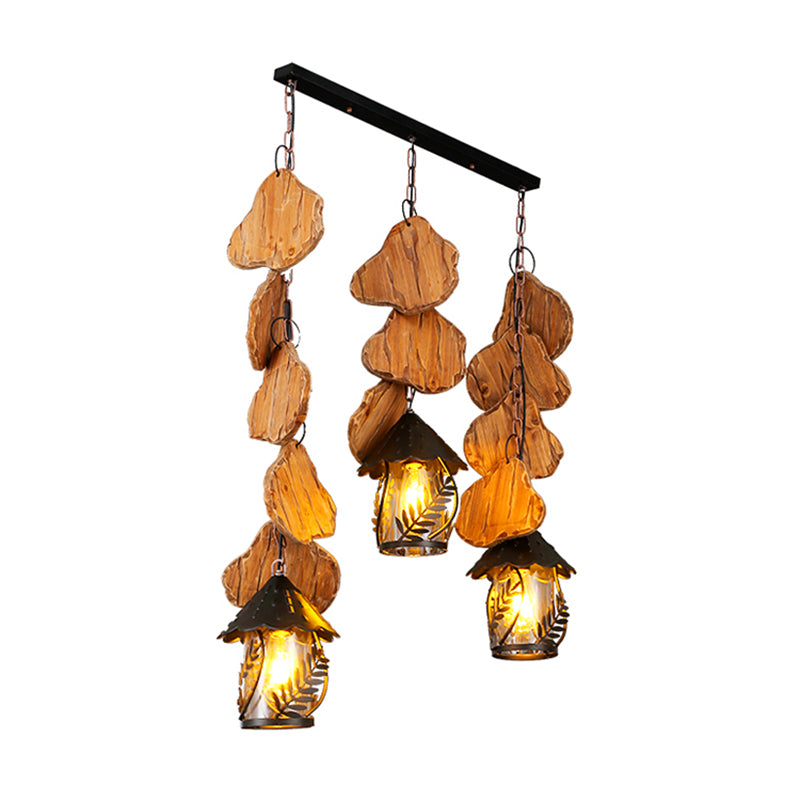 Nautical Lantern Ceiling Chandelier Clear Glass Pendant Light Kit with Leaf Pattern in Wood