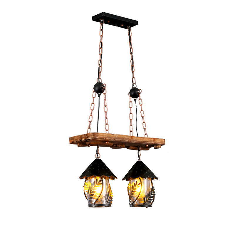 Nautical Lantern Ceiling Chandelier Clear Glass Pendant Light Kit with Leaf Pattern in Wood