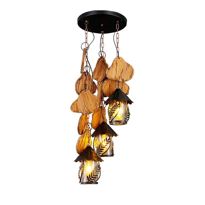 Nautical Lantern Ceiling Chandelier Clear Glass Pendant Light Kit with Leaf Pattern in Wood