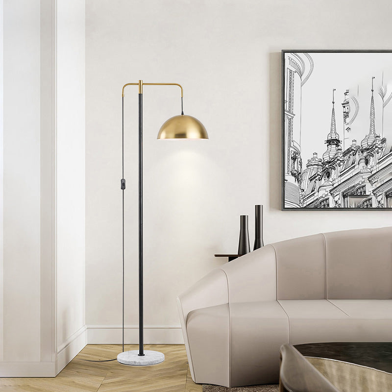 1-Light Living Room Floor Lamp Simple Brass Marble Standing Light with Dome Metal Shade