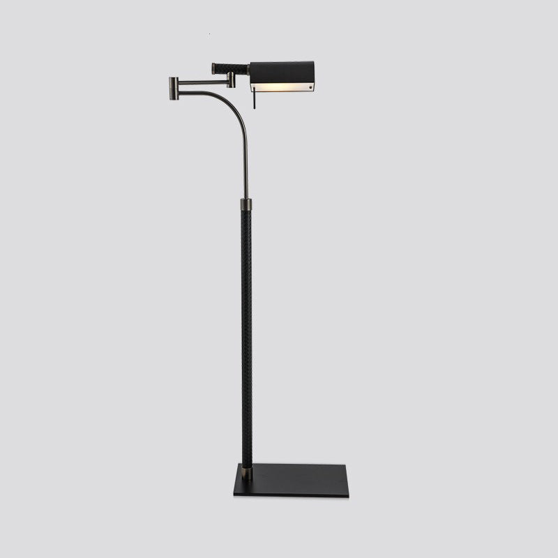 Half-Cylinder Floor Light Contemporary Metal 1-Bulb Living Room Leather Standing Lamp in Black