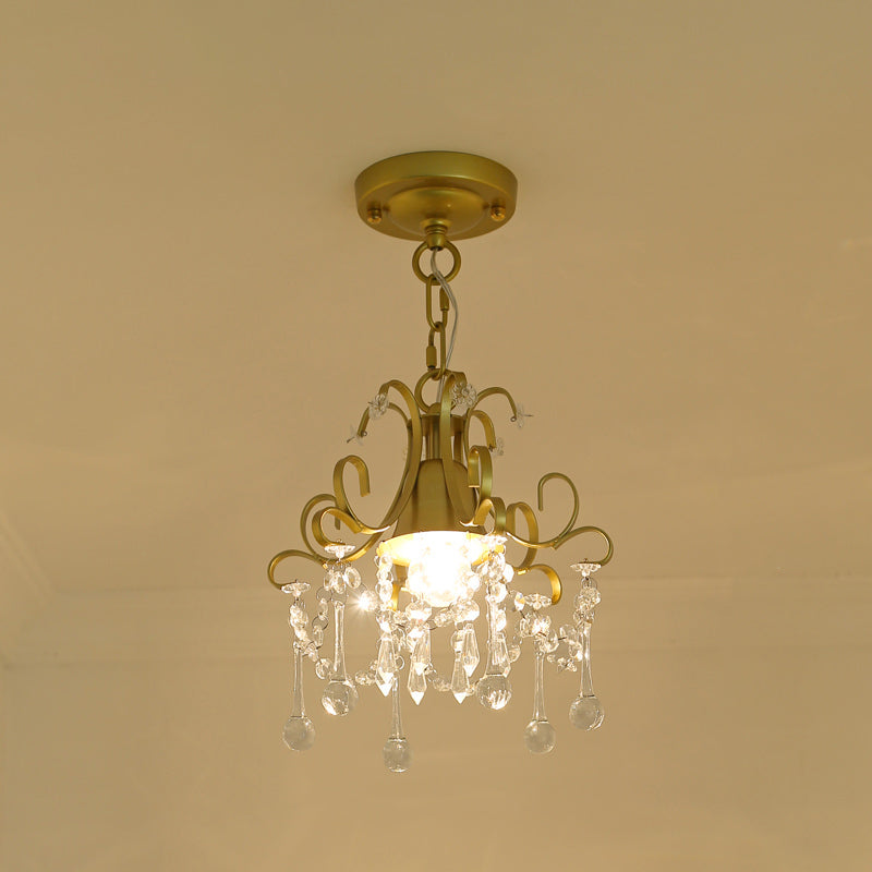 Curving Metal Pendant Lighting Country 1 Head Corridor Suspension Lamp with Crystal Accent in Gold