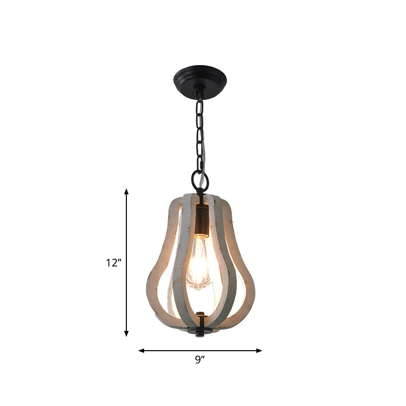 1 Light Caged Pendant Light Kit Classic Distressed White Wood Hanging Lighting for Dining Room