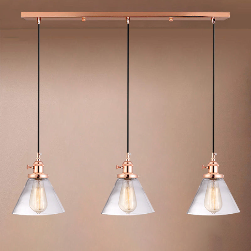 3 têtes Cluster Pendant Light Warehouse Cone Cone Glass Glass Down Lighting for Dining Room