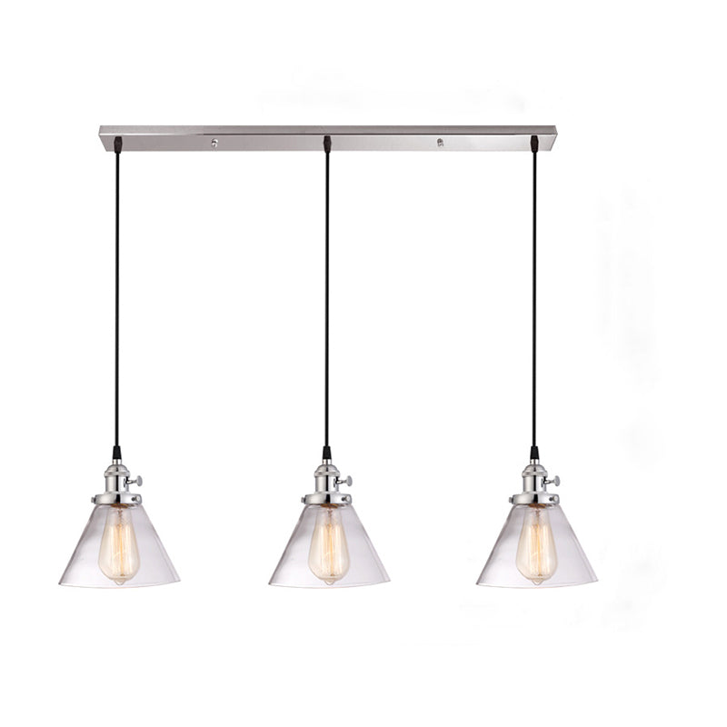 3 Heads Cluster Pendant Light Warehouse Cone Clear Glass Down Lighting for Dining Room