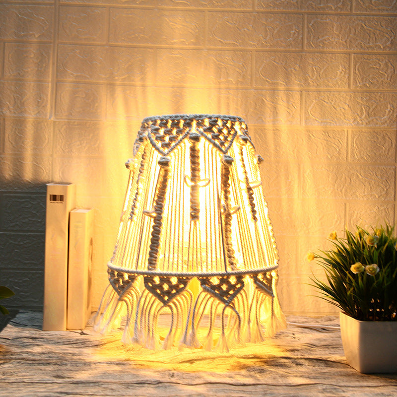 1 Head Nightstand Lamp Country Tapered Woven Rope Table Light with Tassel Fringe in Yellow for Bedroom