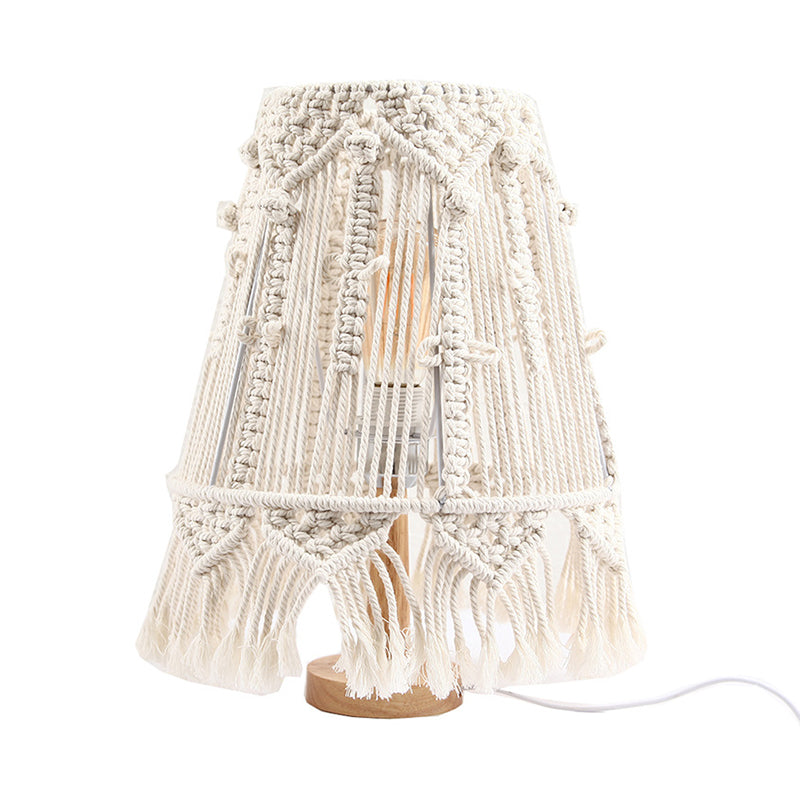 1 Head Nightstand Lamp Country Tapered Woven Rope Table Light with Tassel Fringe in Yellow for Bedroom