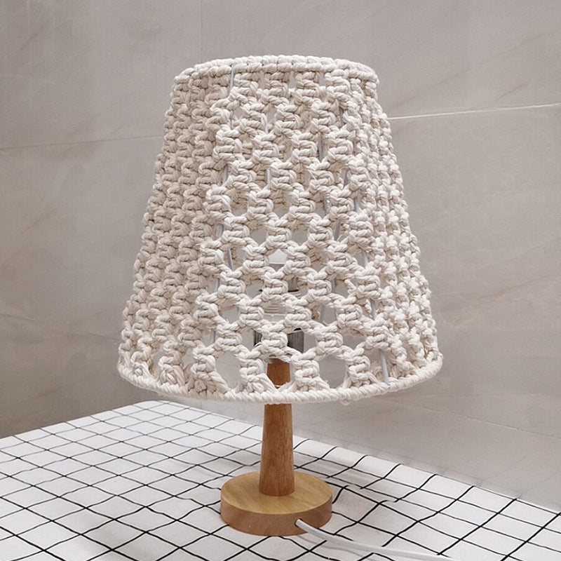 Handmade Cone Bedroom Night Lamp Countryside Rope 1-Light Yellow Nightstand Lamp with Wood Base