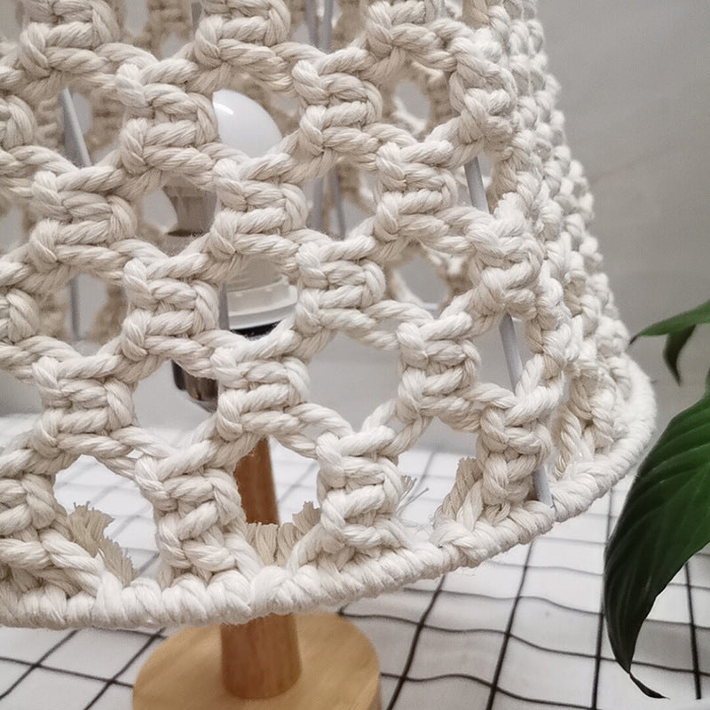 Handmade Cone Bedroom Night Lamp Countryside Rope 1-Light Yellow Nightstand Lamp with Wood Base