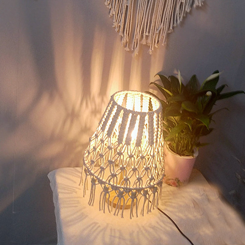 Yellow 1 Head Night Lighting Country Handwoven Rope Tapered Table Lamp with Tassel Fringe