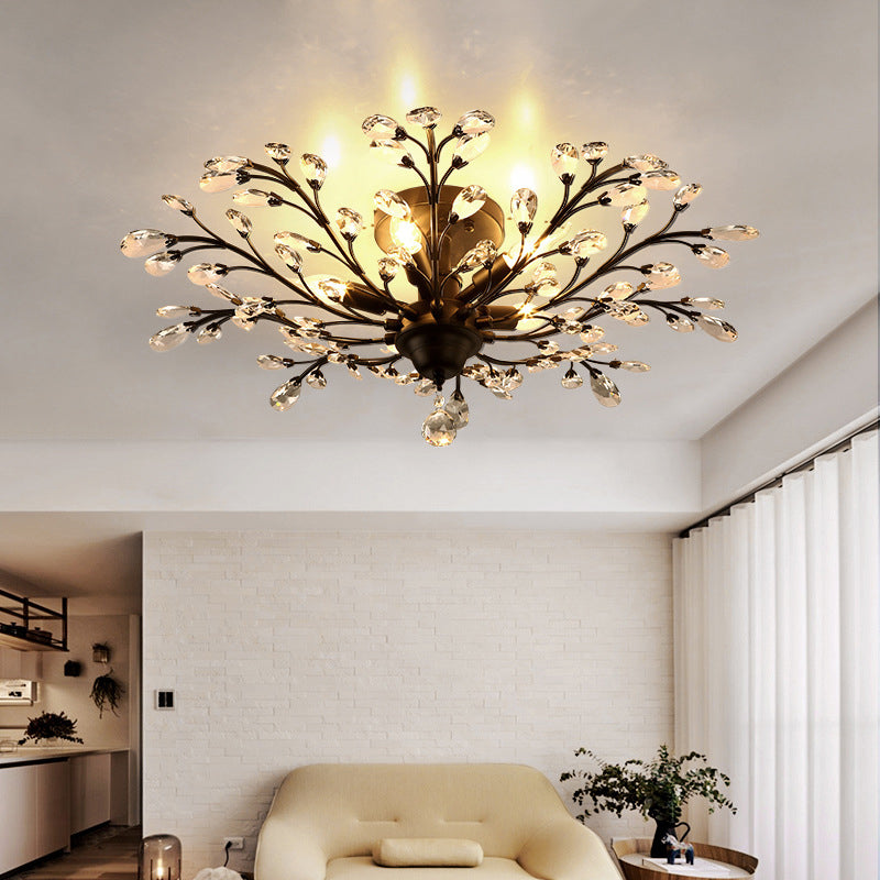 Crystal Semi Flush Mount Light Entwining Branch Countryside Ceiling Mounted Lamp for Bedroom