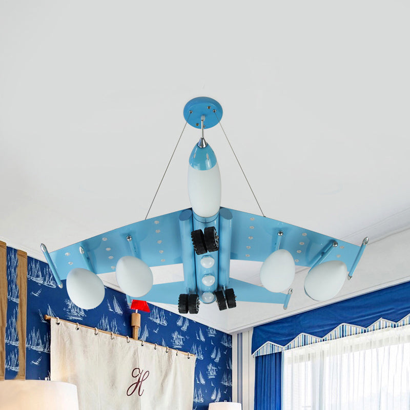 Kids Sky Blue Hanging Light Combat Airplane Metallic Chandelier voor themapark slaapkamer