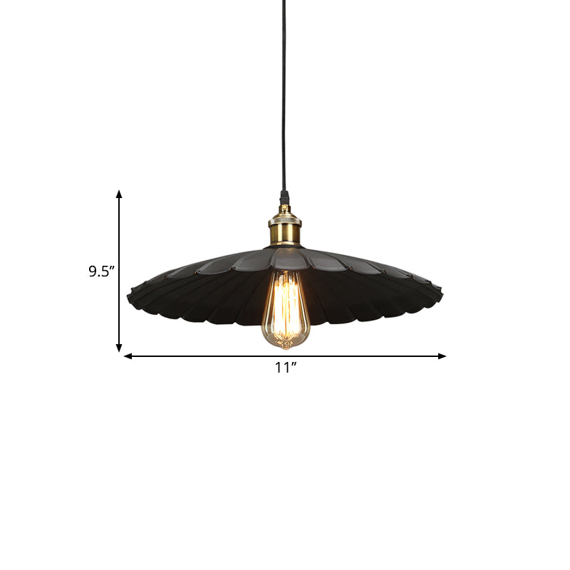 1-Light Hanging Ceiling Light Warehouse Dining Room Pendant Lamp with Scalloped Metal Shade in Black