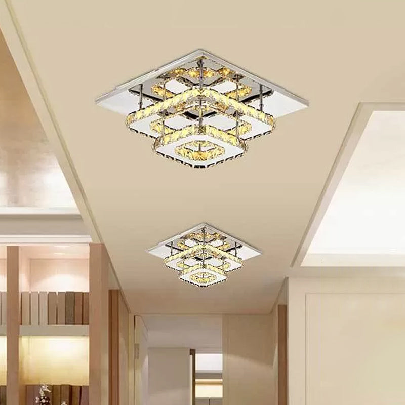 Square Beveled Crystal Ceiling Flush Mount Modernist LED Chrome Flush Light Fixture for Corridor