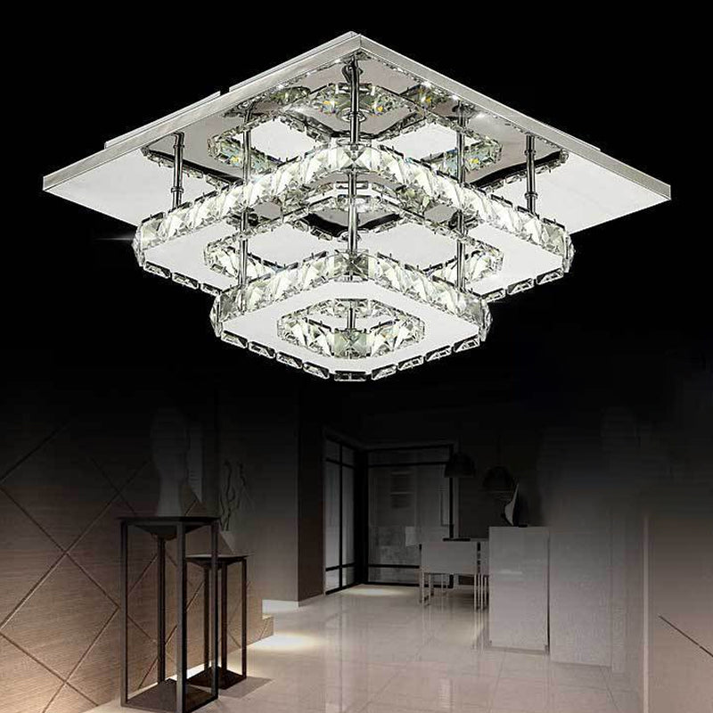 Square Beveled Crystal Ceiling Flush Mount Modernist LED Chrome Flush Light Fixture for Corridor