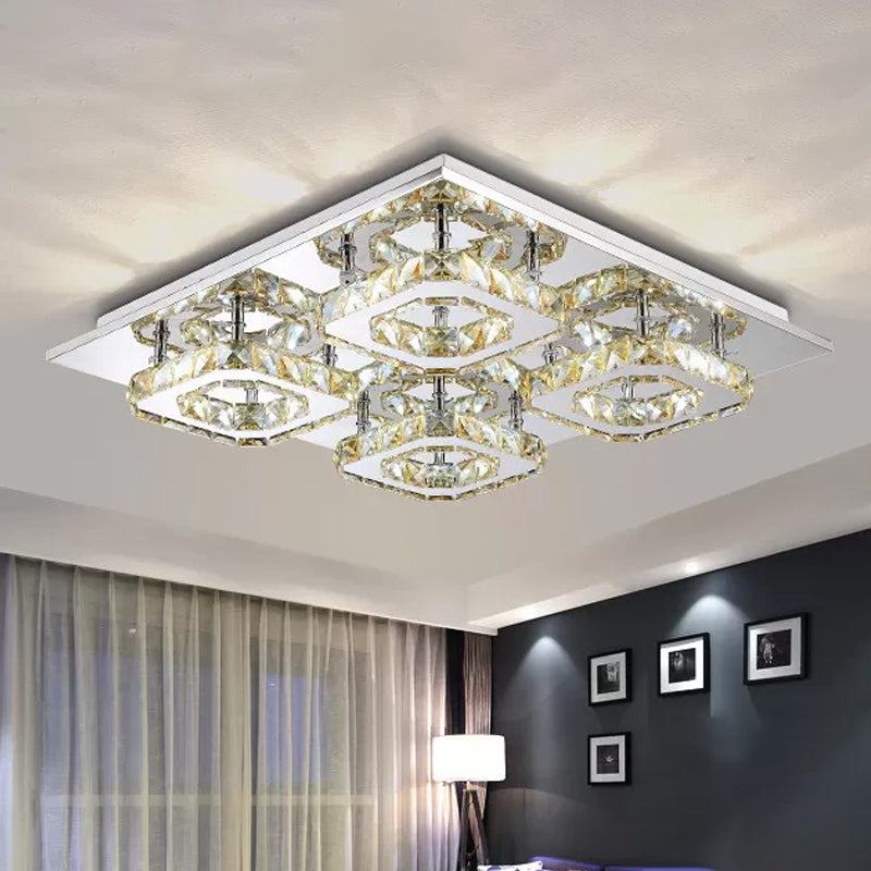 Block Flush Ceiling Light Modern Style Faceted Crystal Chrome Flushmount Lighting