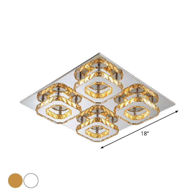 Block Flush Ceiling Light Modern Style Faceted Crystal Chrome Flushmount Lighting