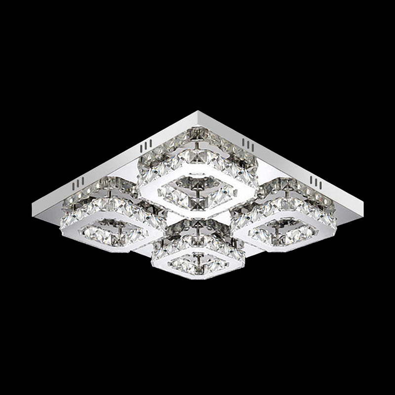 Block Flush Ceiling Light Modern Style Faceted Crystal Chrome Flushmount Lighting