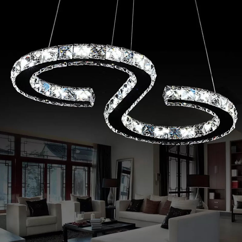 Clear Crystal Curve Frame Chandelier Simple Stainless Steel LED Hanging Light Fixture for Living Room