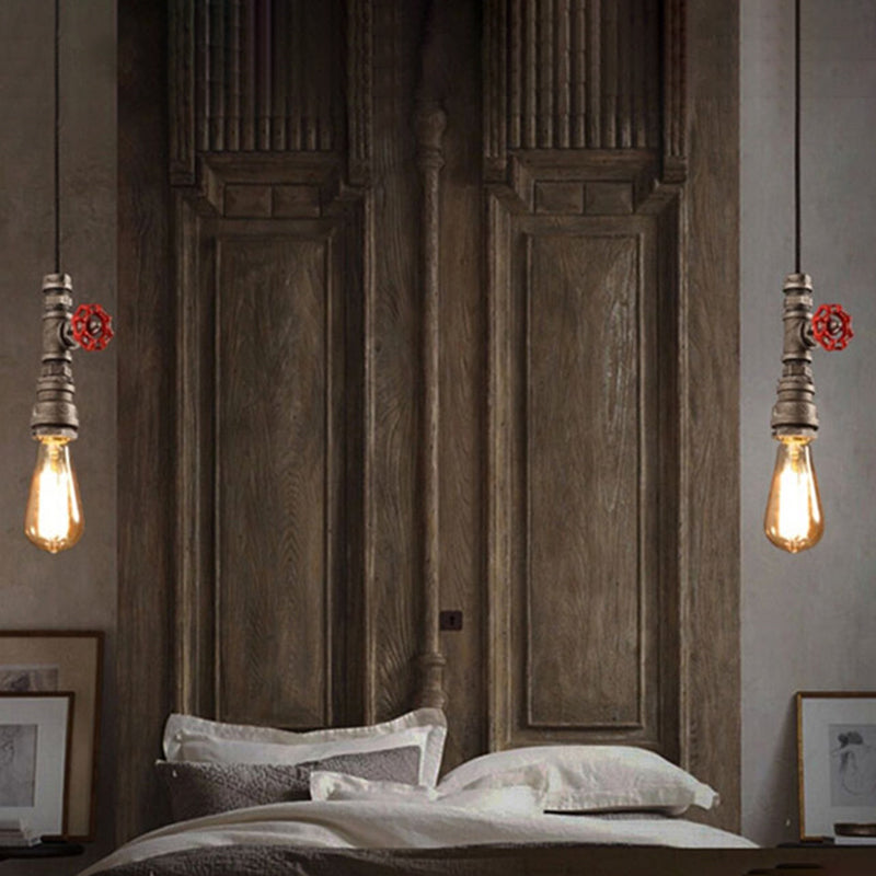 Vintage Exposed Bulb Pendant Light Kit 1 Light Metallic Hanging Lamp in Rust with Decorative Valve for Bedroom