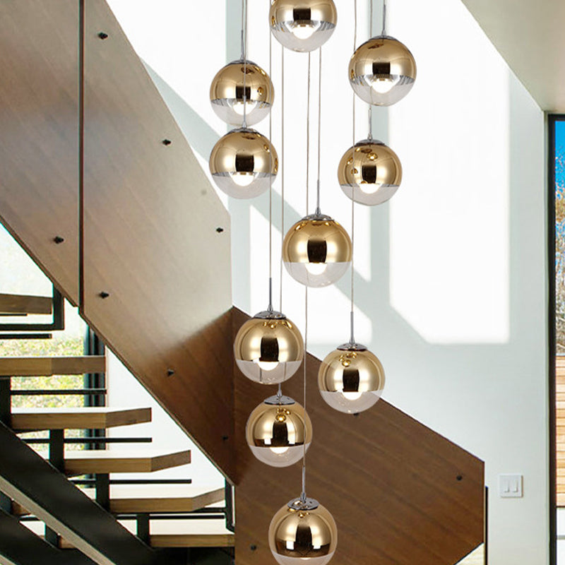 Globe Cluster Pendant Light Nordic Aluminum Stairs Suspension Lighting with Clear Glass Bottom in Gold