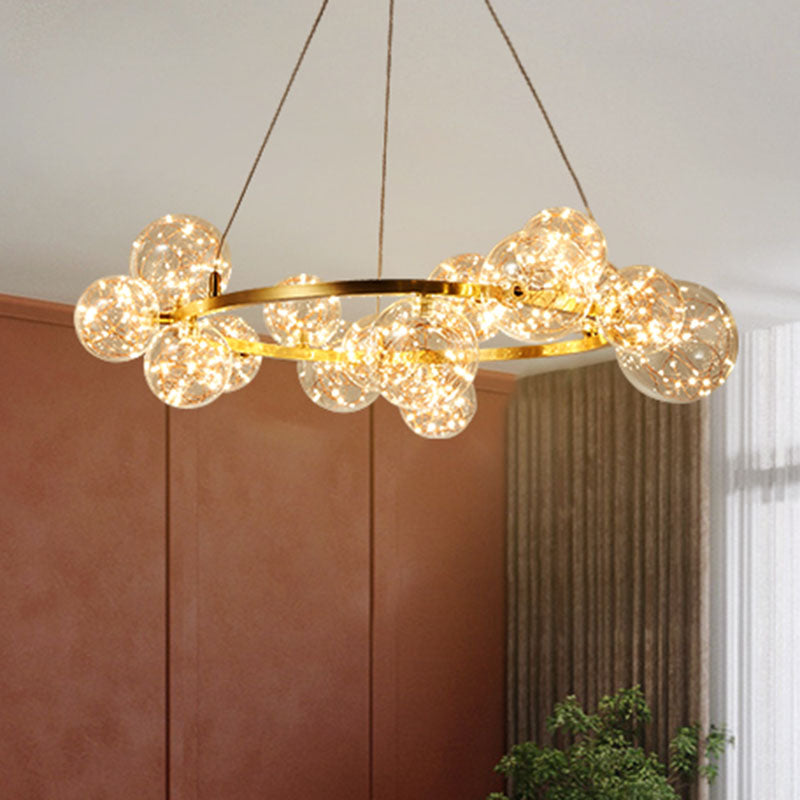 Living Room LED Chandelier Lamp Minimal Gold Pendant Lighting with Orb Clear Glass Shade