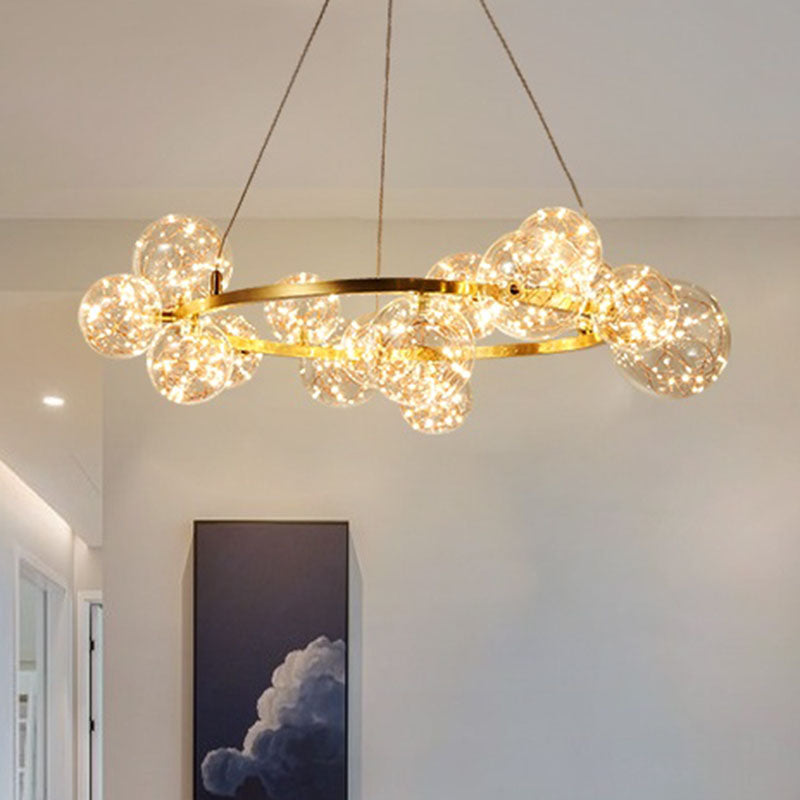 Living Room LED Chandelier Lamp Minimal Gold Pendant Lighting with Orb Clear Glass Shade