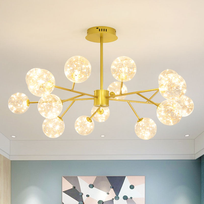 Gold Spherical Ceiling Chandelier Modern Style Clear Glass LED Starry Pendant Light Kit