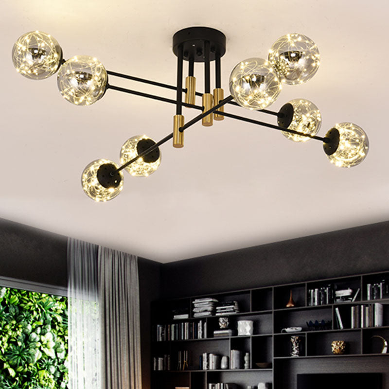 Nordic Ball Semi Flush Lightture Smoke Glass Living Room Room Starry Plafond Lampe en noir